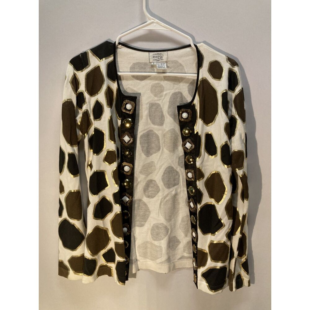 Just B Women's S Giraffe Print Knit Cardigan Sweater Gold Metallic Embellished